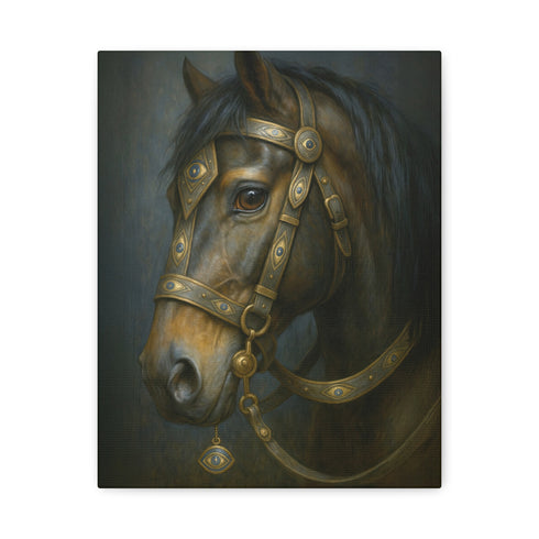 A rectangular, vertical matte canvas print depicting a classical, painterly portrait of a horse's head in profile. The horse is a deep, dark brown with a flowing black mane. It is adorned with an ornate and intricate bridle made of dark leather and burnished gold metal plates, featuring detailed scrollwork. A small, eye-shaped charm with a blue center dangles from the bridle near the horse's cheek. The lighting is dramatic chiaroscuro, with a soft light illuminating the horse's face.
